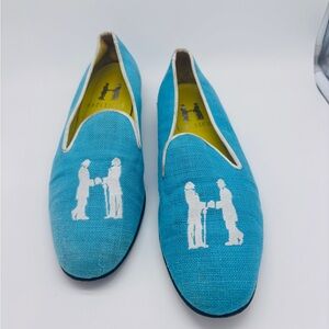 Hadleigh’s women’s slip-on smoking slipper loafers in turquoise/blue linen 39